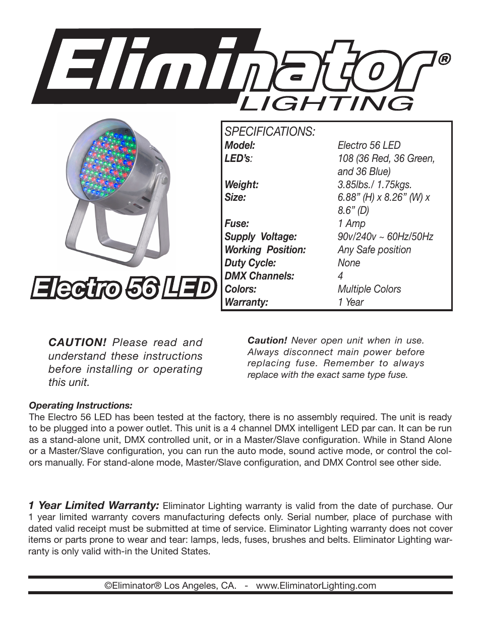 Eliminator Lighting Electro 56 LED User Manual | 2 pages