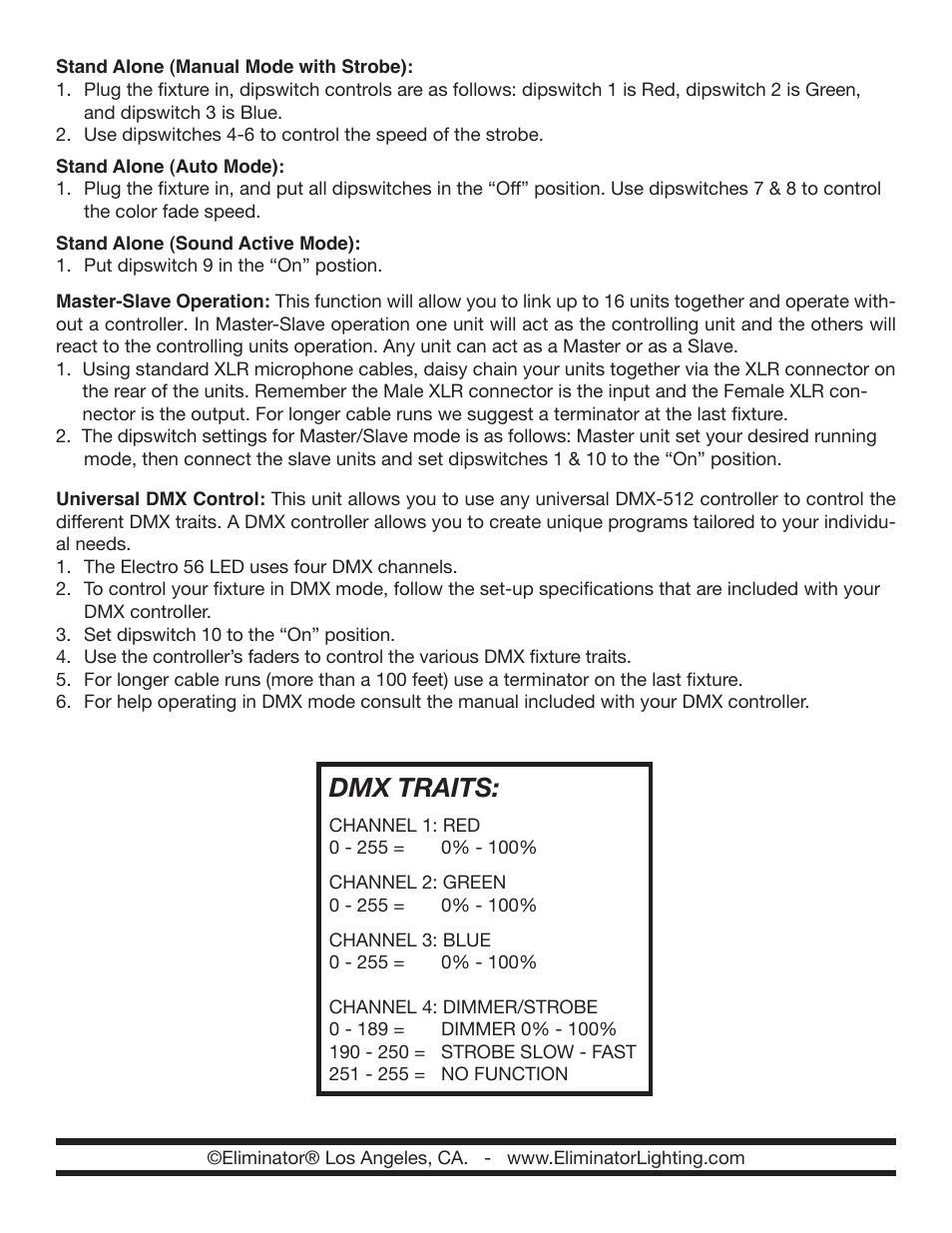 Dmx traits | Eliminator Lighting Electro 56 LED User Manual | Page 2 / 2