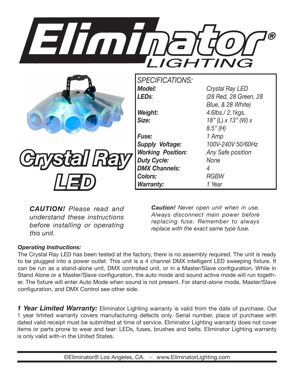 Eliminator Lighting Crystal Ray LED User Manual | 2 pages