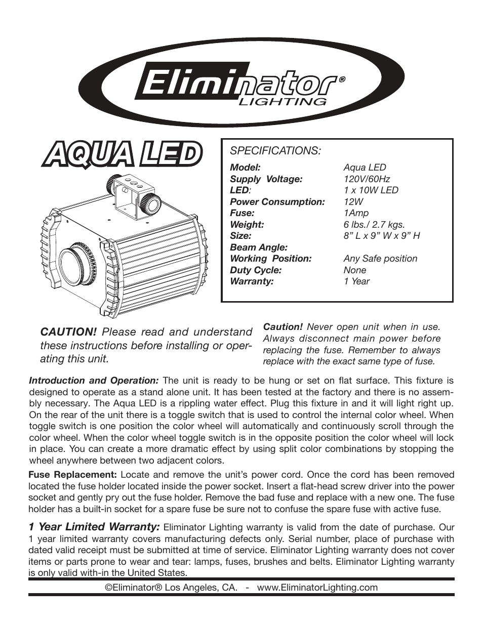 Eliminator Lighting Aqua LED User Manual | 1 page