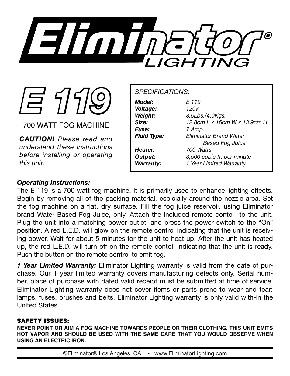 Eliminator Lighting E-119 User Manual | 1 page