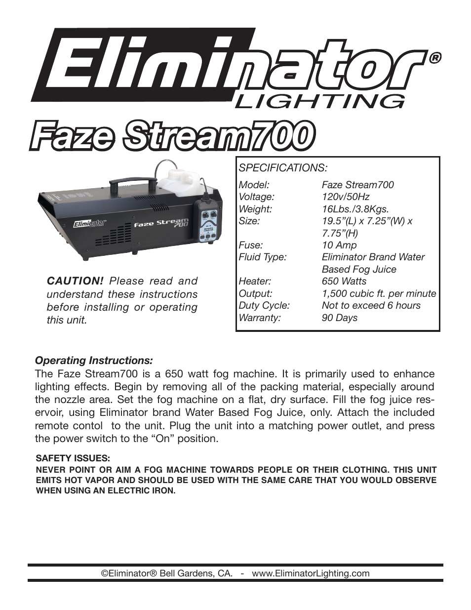 Eliminator Lighting Faze Stream 700 User Manual | 2 pages