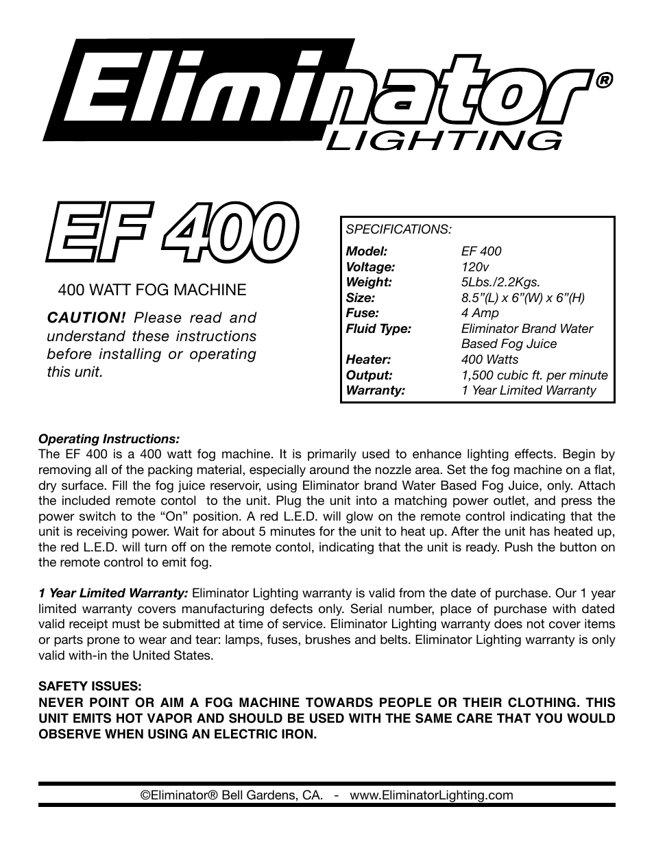 Eliminator Lighting EF-400 User Manual | 1 page