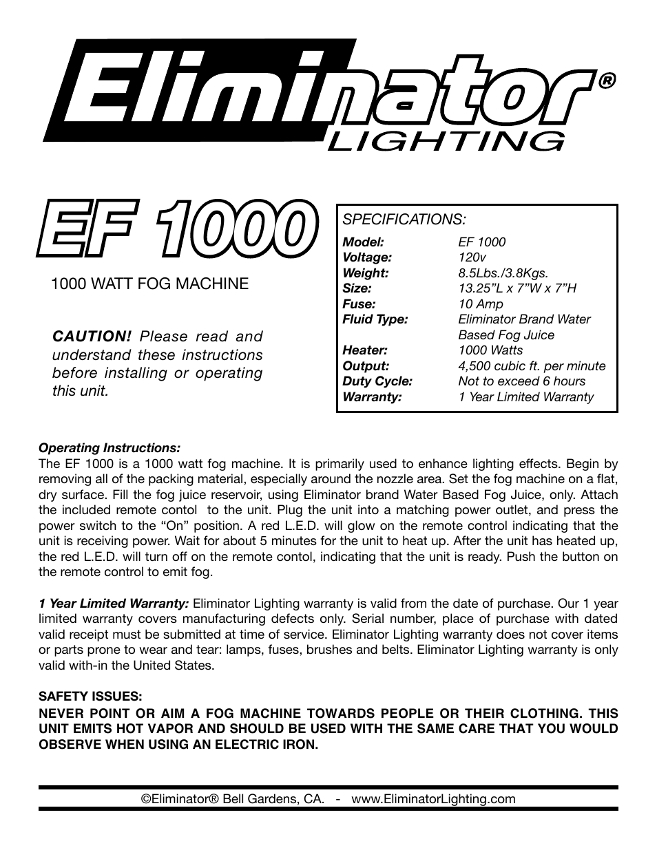 Eliminator Lighting EF-1000 User Manual | 1 page