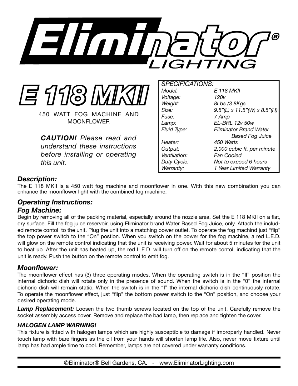 Eliminator Lighting E-118 User Manual | 2 pages