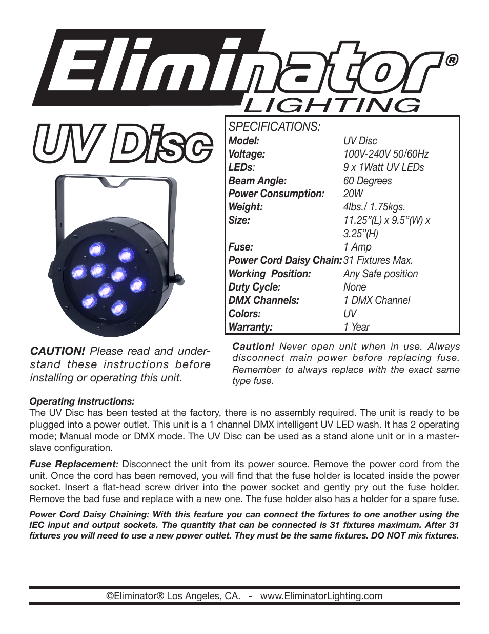 Eliminator Lighting UV Disc User Manual | 2 pages