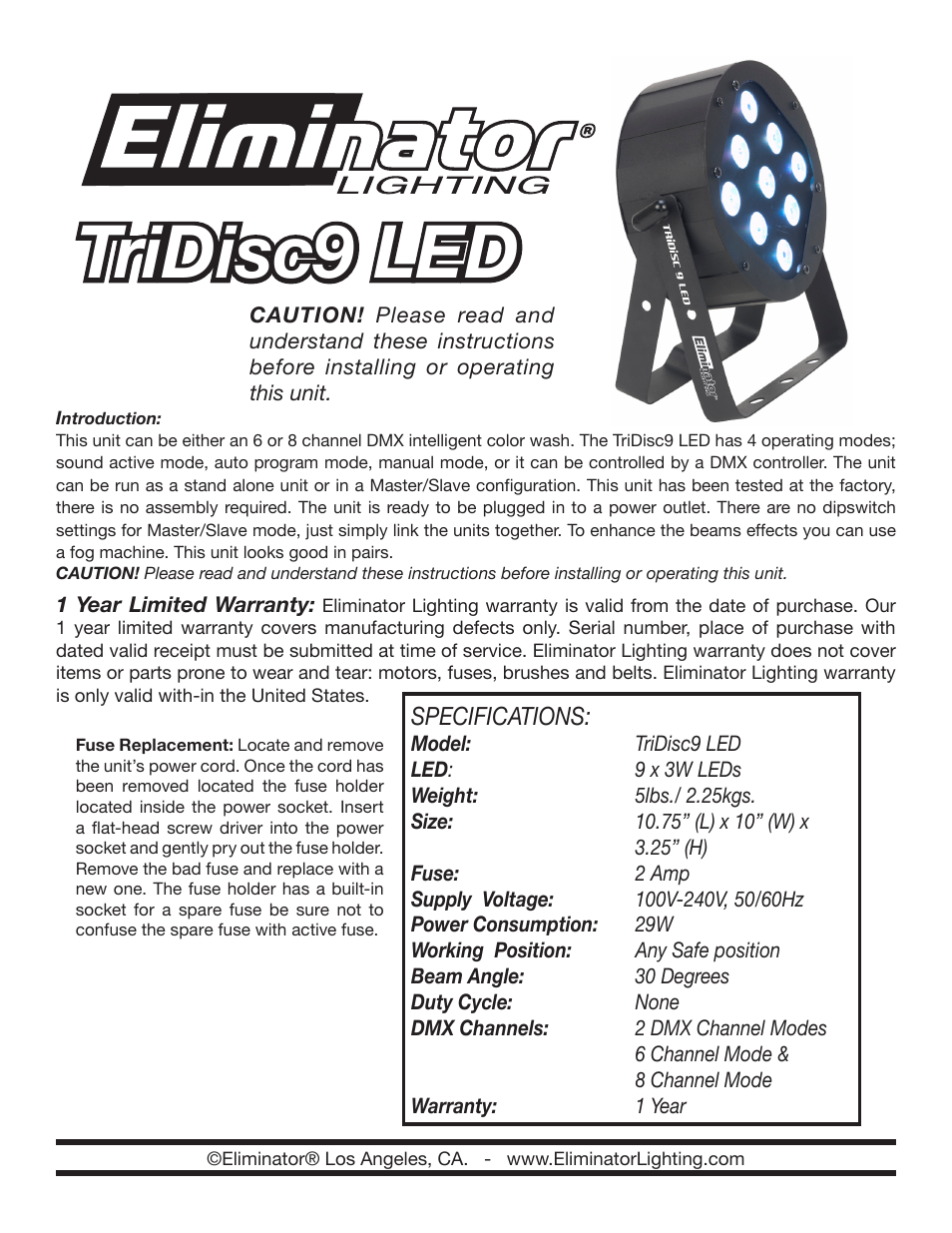 Eliminator Lighting TriDisc 9 LED User Manual | 4 pages