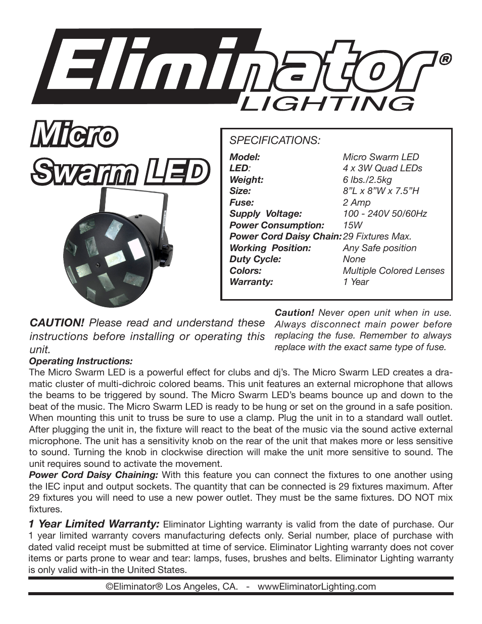 Eliminator Lighting Micro Swarm LED User Manual | 1 page