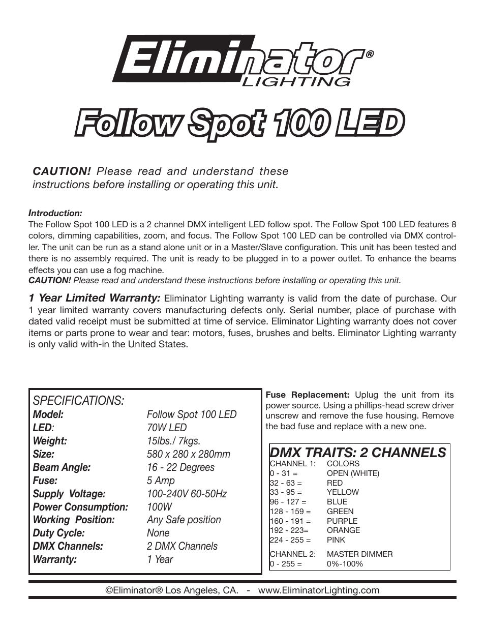 Eliminator Lighting Follow Spot 100 LED User Manual | 2 pages