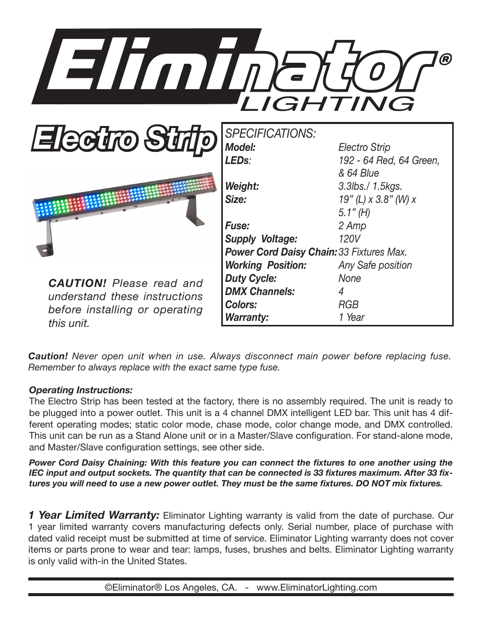 Eliminator Lighting Electro Strip User Manual | 4 pages