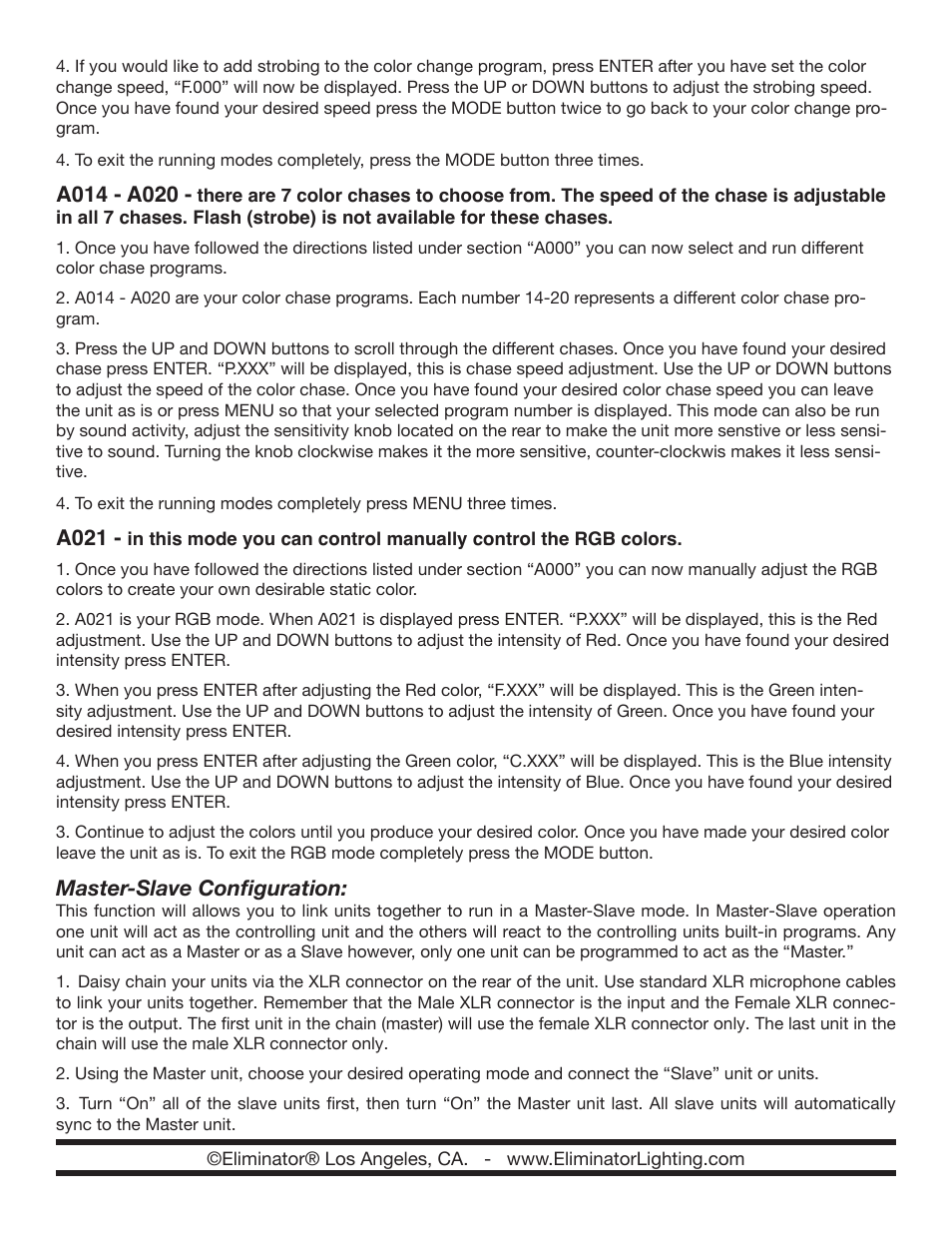 A021, Master-slave configuration | Eliminator Lighting Electro Strip User Manual | Page 3 / 4