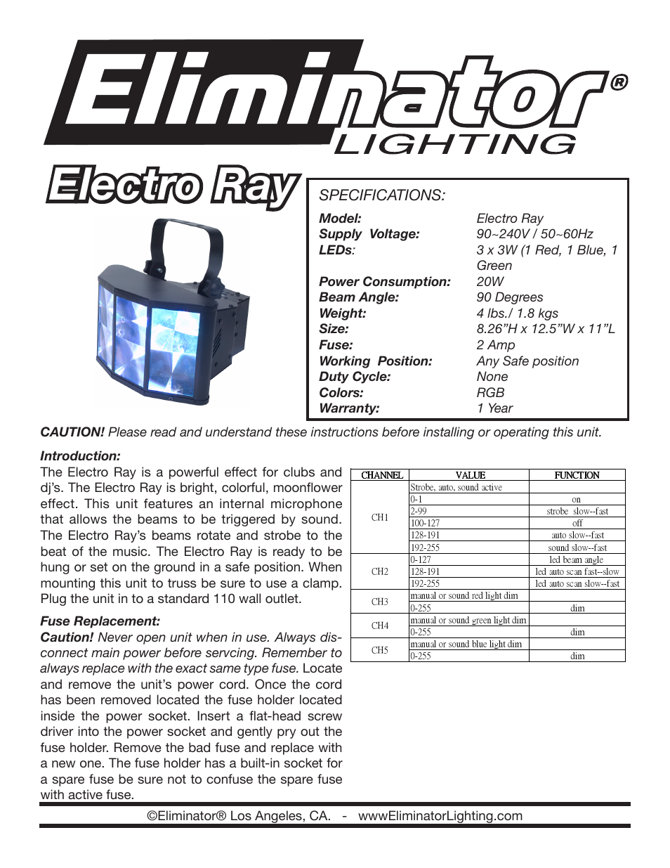 Eliminator Lighting Electro Ray User Manual | 3 pages