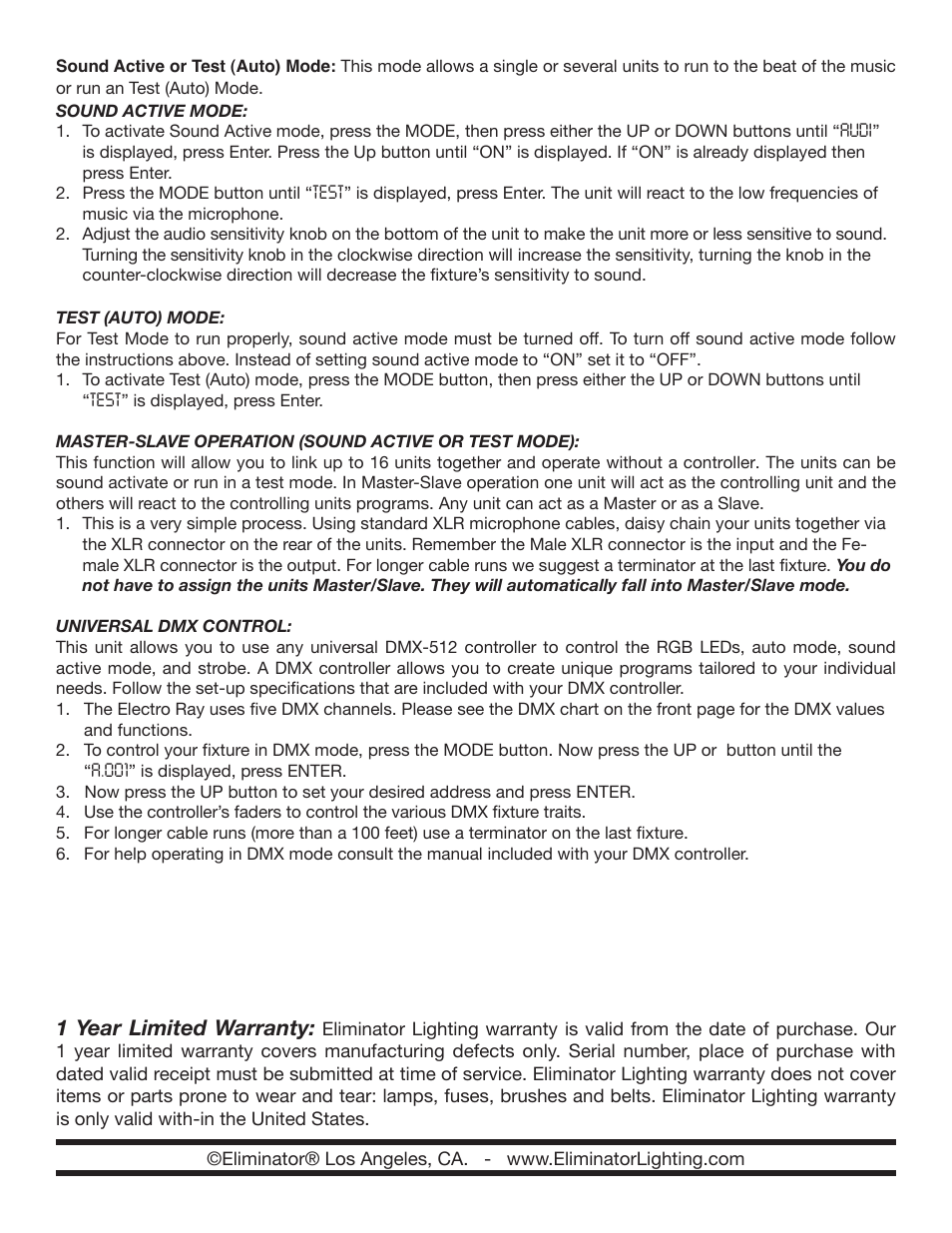 1 year limited warranty | Eliminator Lighting Electro Ray User Manual | Page 2 / 3