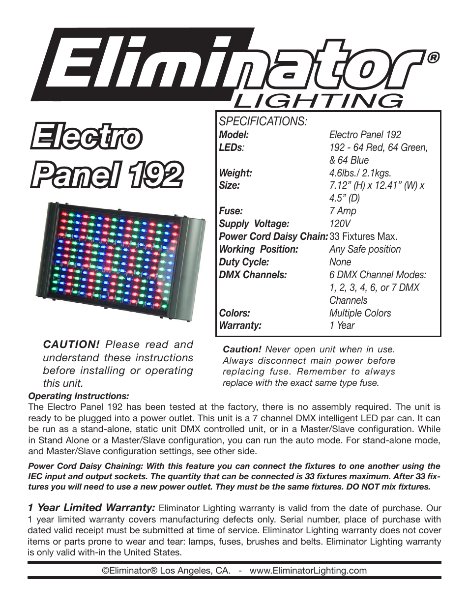 Eliminator Lighting Electro Panel 192 User Manual | 4 pages