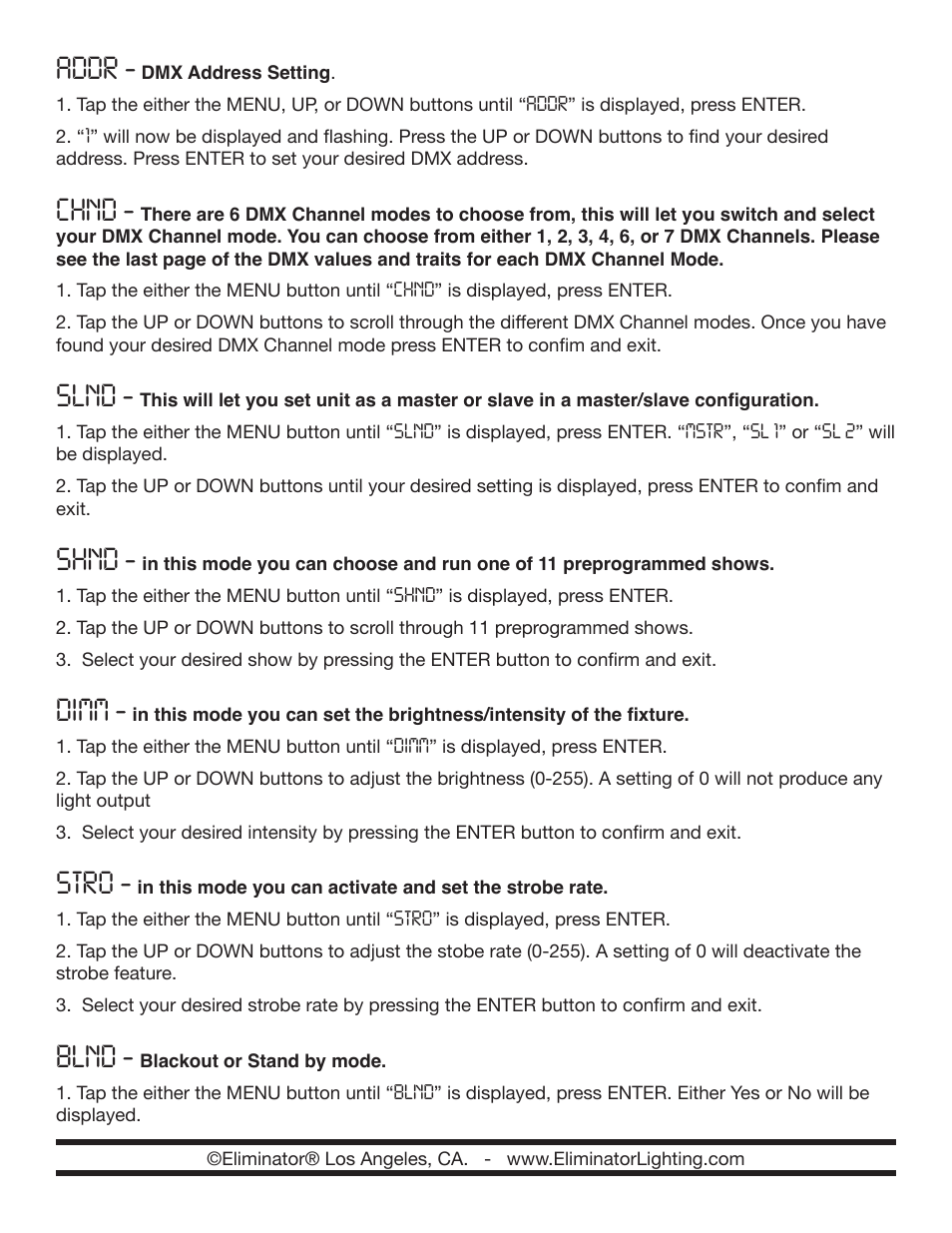 Addr, Chnd, Slnd | Shnd, Dimm, Stro, Blnd | Eliminator Lighting Electro Panel 192 User Manual | Page 2 / 4