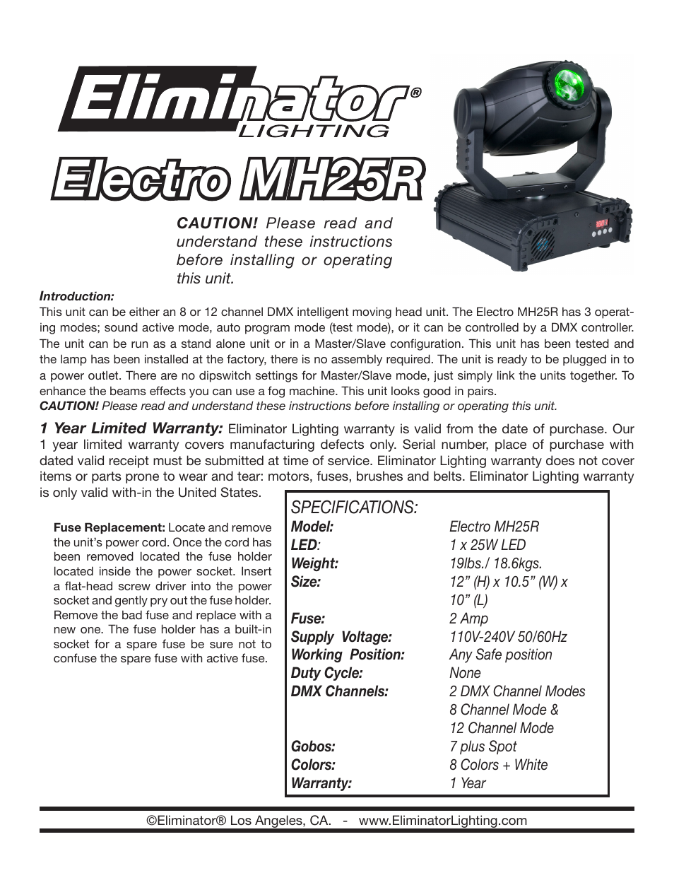 Eliminator Lighting Electro MH25R User Manual | 4 pages