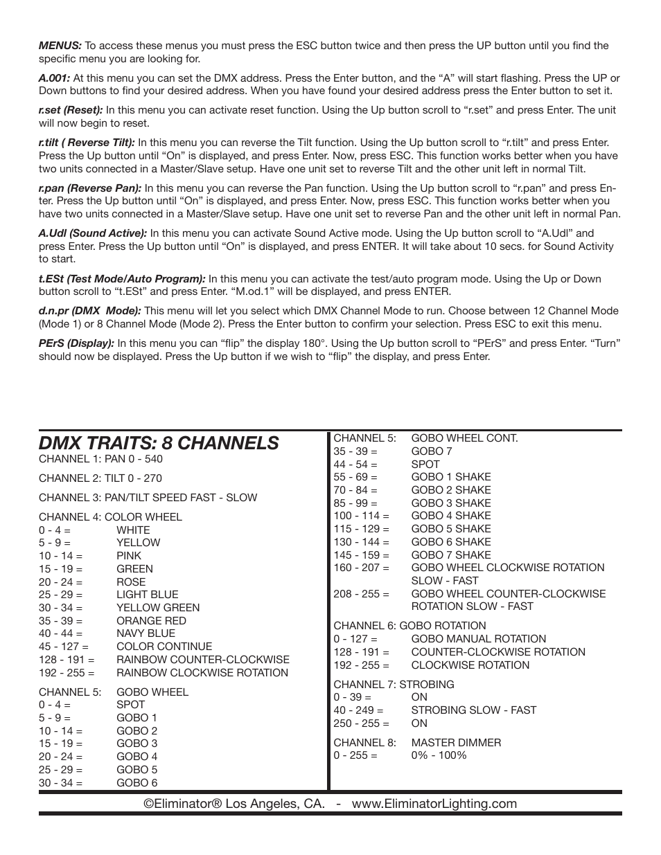 Dmx traits: 8 channels | Eliminator Lighting Electro MH25R User Manual | Page 3 / 4