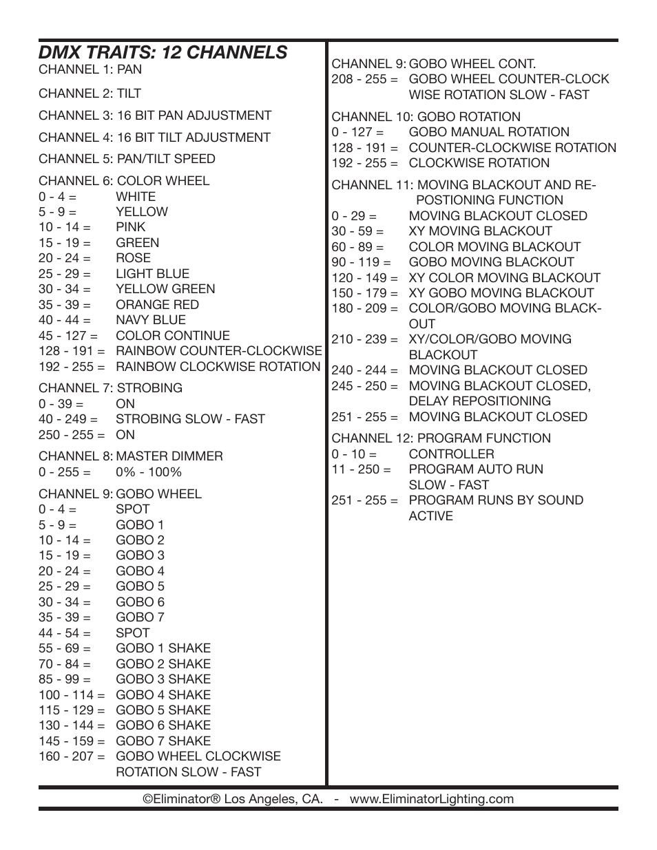 Dmx traits: 12 channels | Eliminator Lighting Electro MH25R User Manual | Page 4 / 4