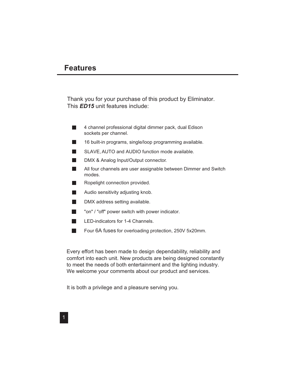 Features | Eliminator Lighting ED-15 User Manual | Page 2 / 8