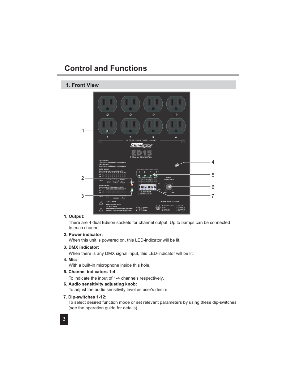 Control and functions, Front view | Eliminator Lighting ED-15 User Manual | Page 4 / 8