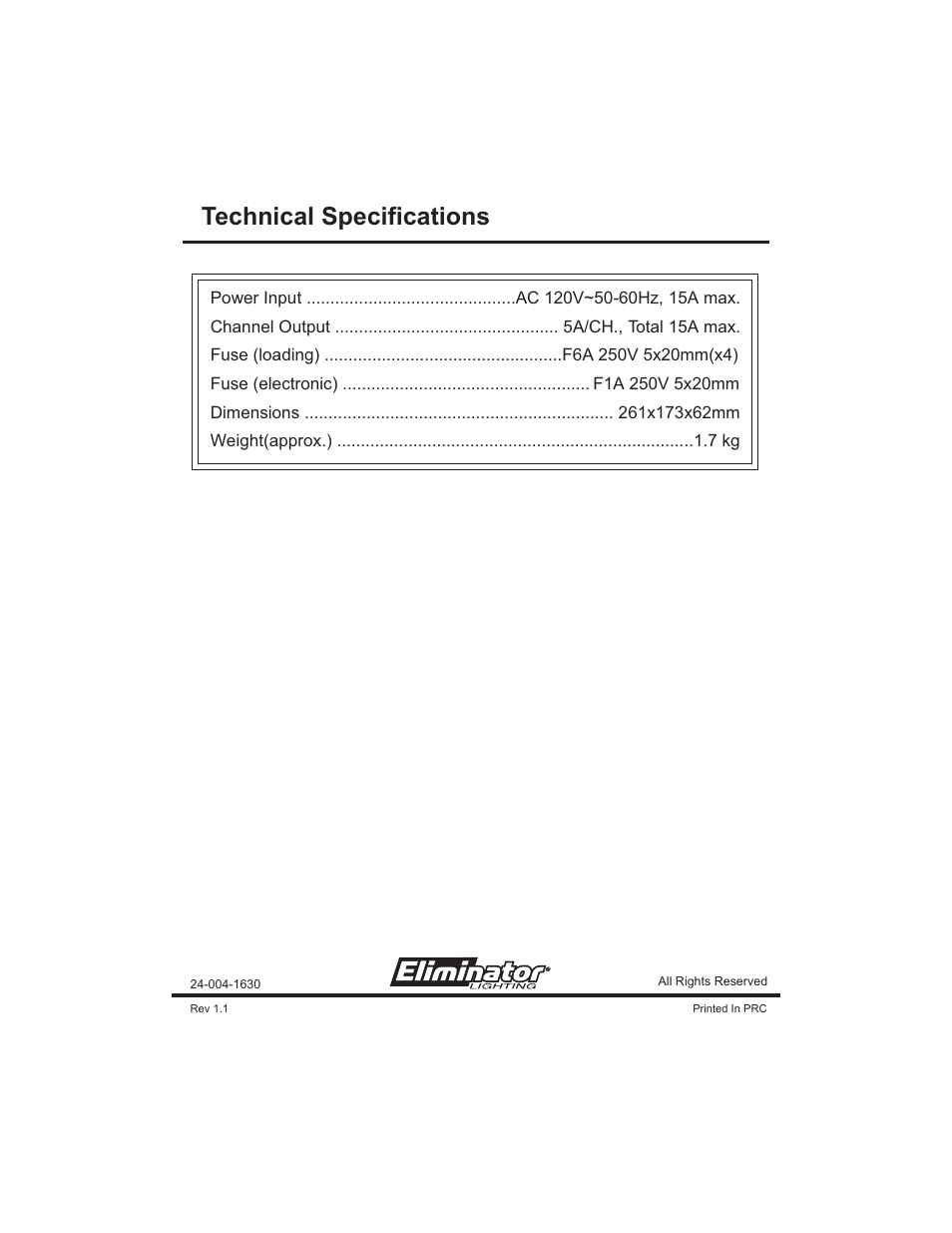 Technical specifications | Eliminator Lighting ED-15 User Manual | Page 8 / 8