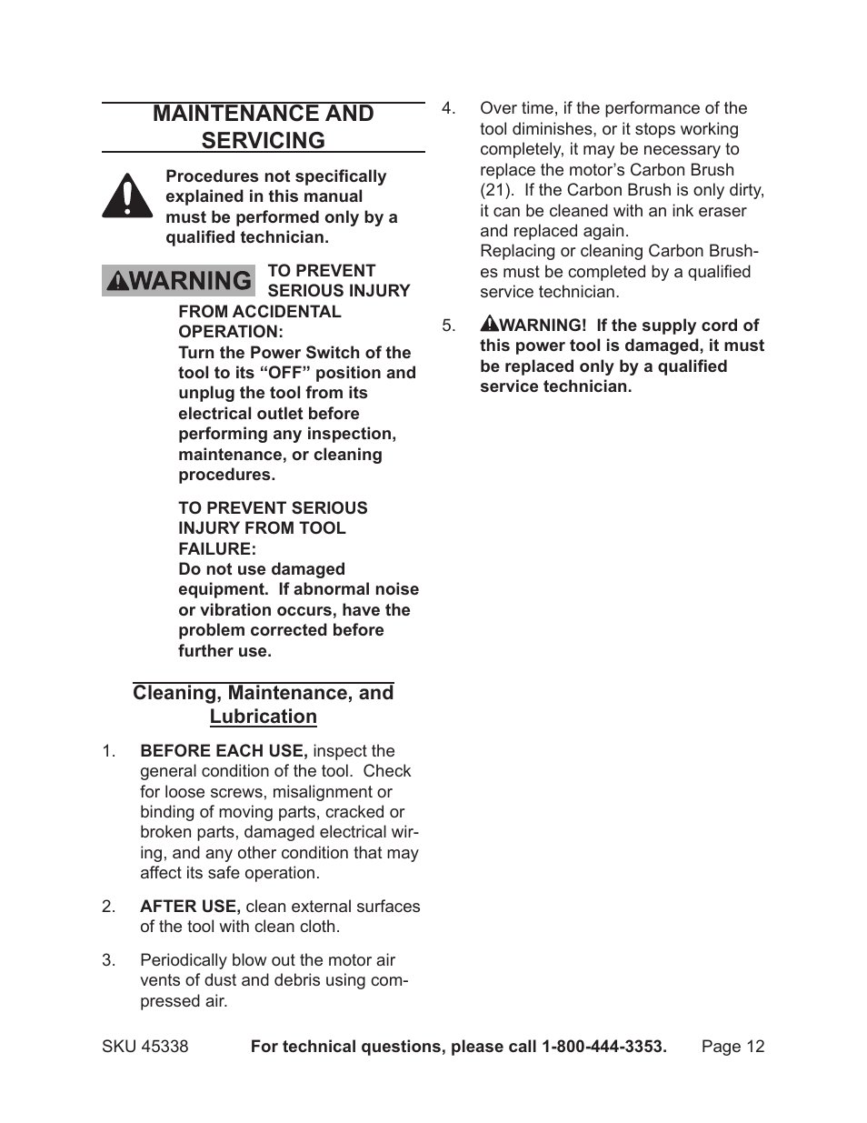 Maintenance and servicing | Chicago Electric 45338 User Manual | Page 12 / 15