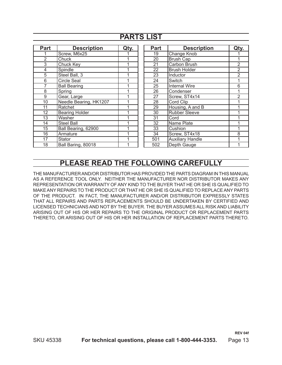 Parts list, Please read the following carefully | Chicago Electric 45338 User Manual | Page 13 / 15