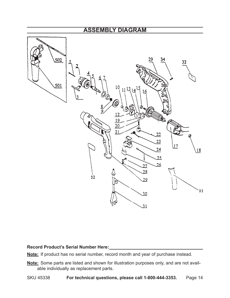 Assembly diagram | Chicago Electric 45338 User Manual | Page 14 / 15