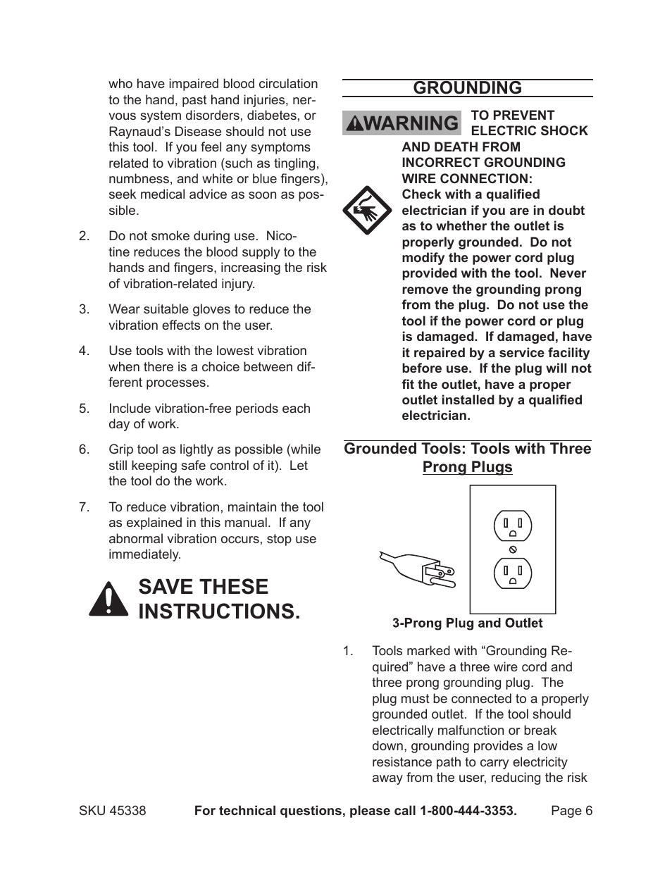 Save these instructions, Grounding | Chicago Electric 45338 User Manual | Page 6 / 15