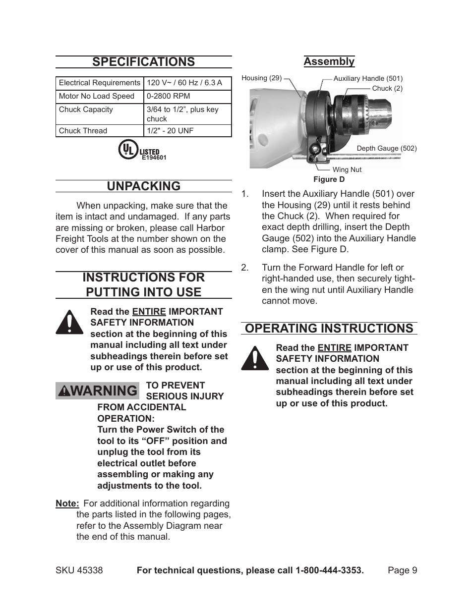 Specifications, Unpacking, Instructions for putting into use | Operating instructions | Chicago Electric 45338 User Manual | Page 9 / 15