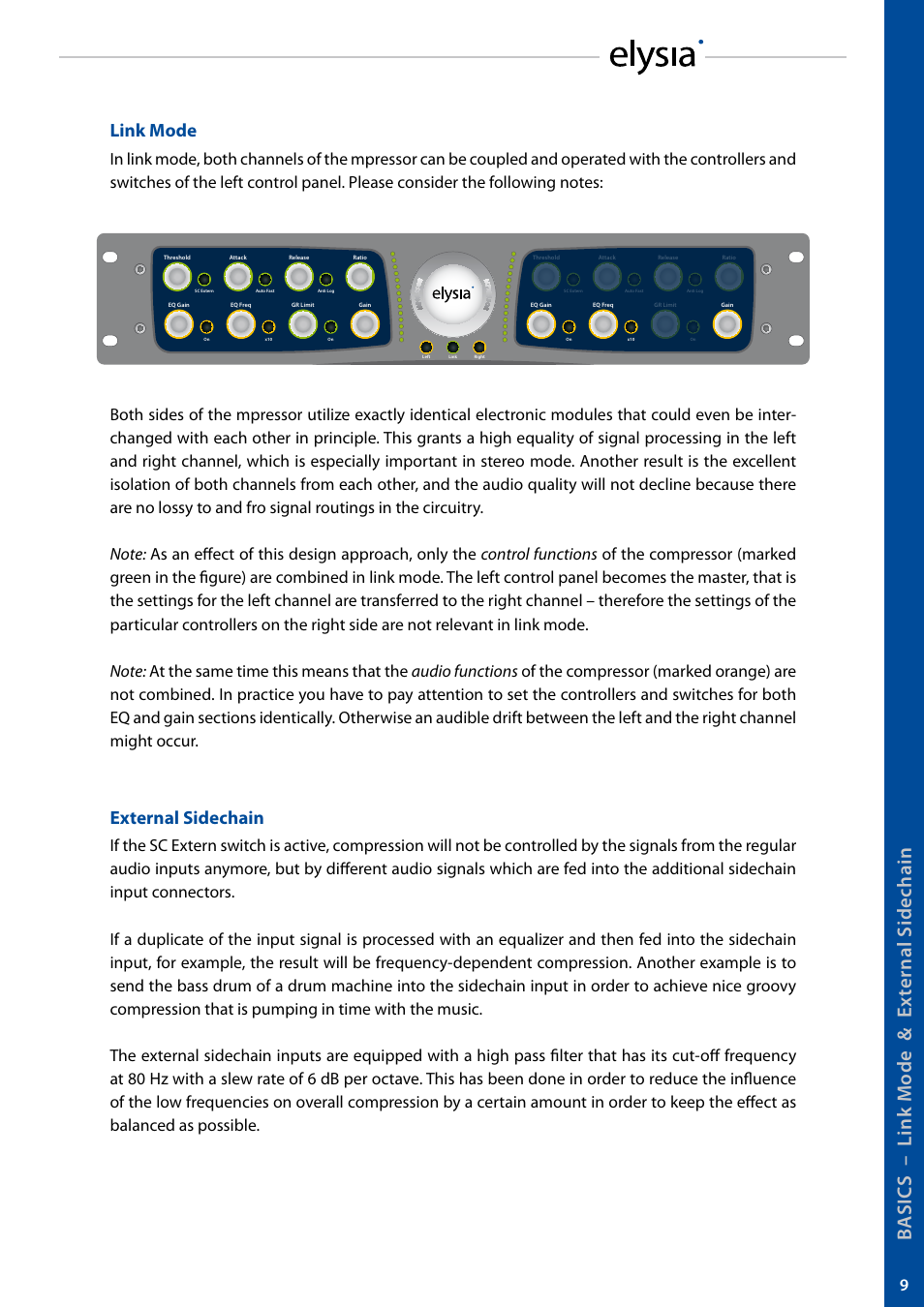 Link mode, External sidechain | elysia mpressor User Manual | Page 9 / 27