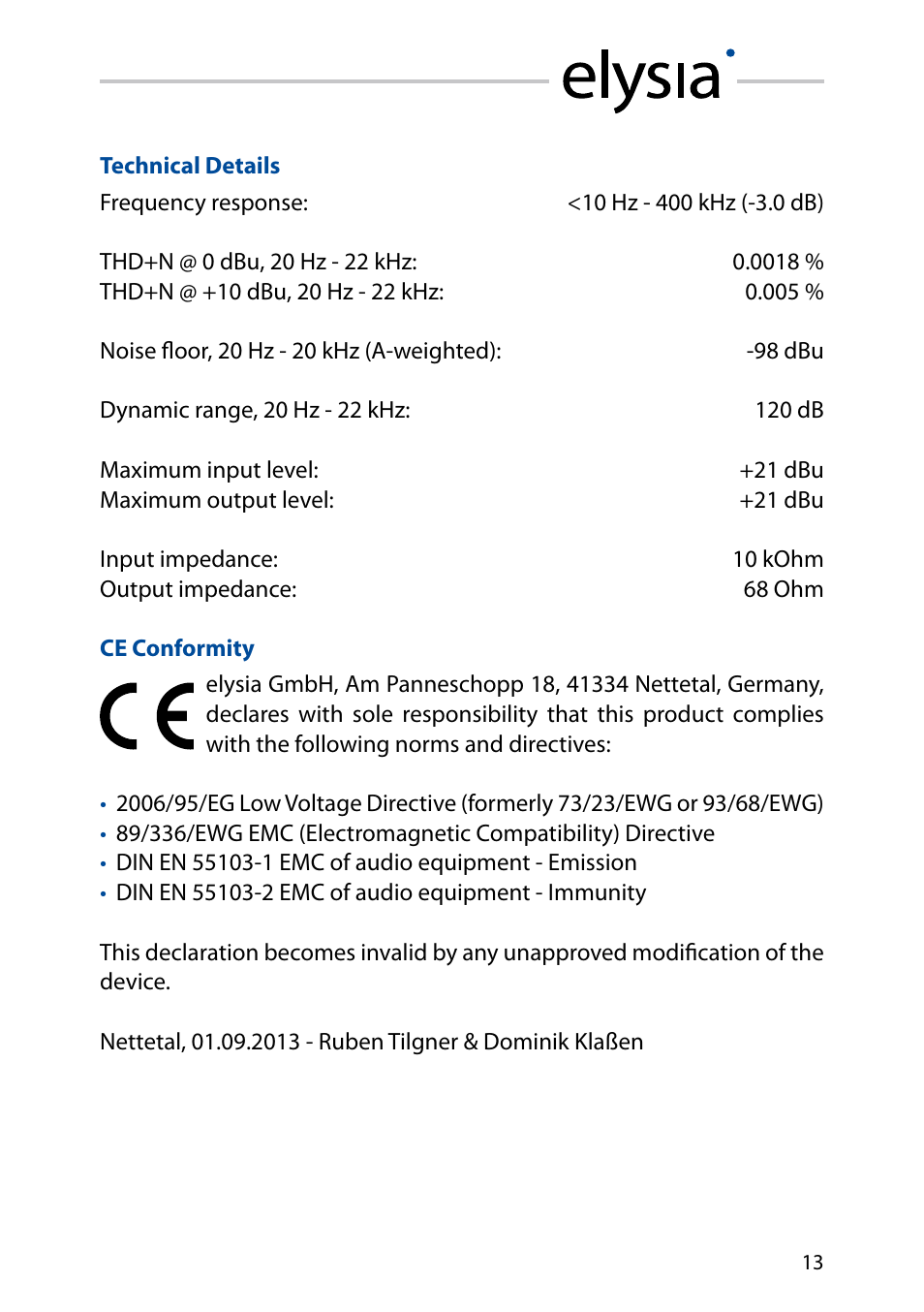 Technical details, Ce conformity | elysia xfilter User Manual | Page 13 / 16