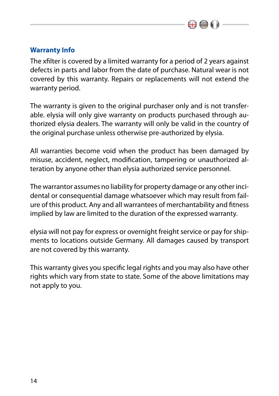 Warranty info | elysia xfilter User Manual | Page 14 / 16