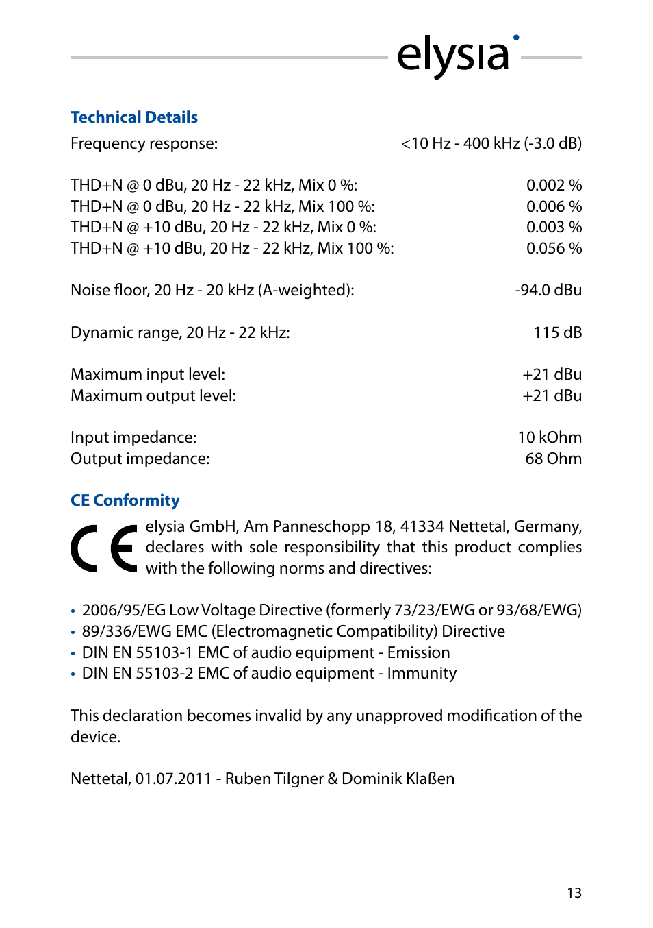 Technical details, Ce conformity | elysia xpressor User Manual | Page 13 / 16