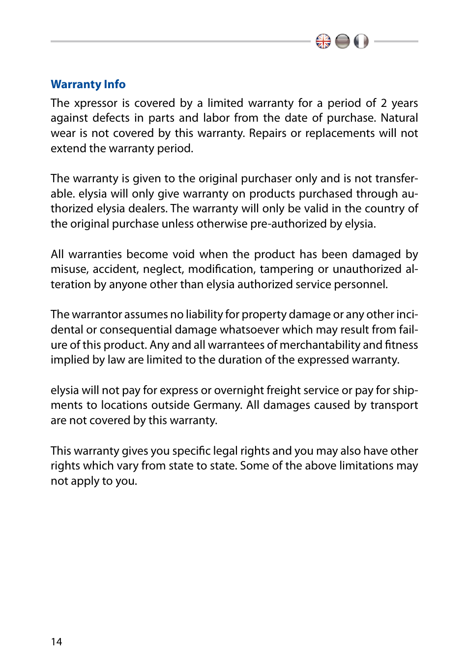 Warranty info | elysia xpressor User Manual | Page 14 / 16