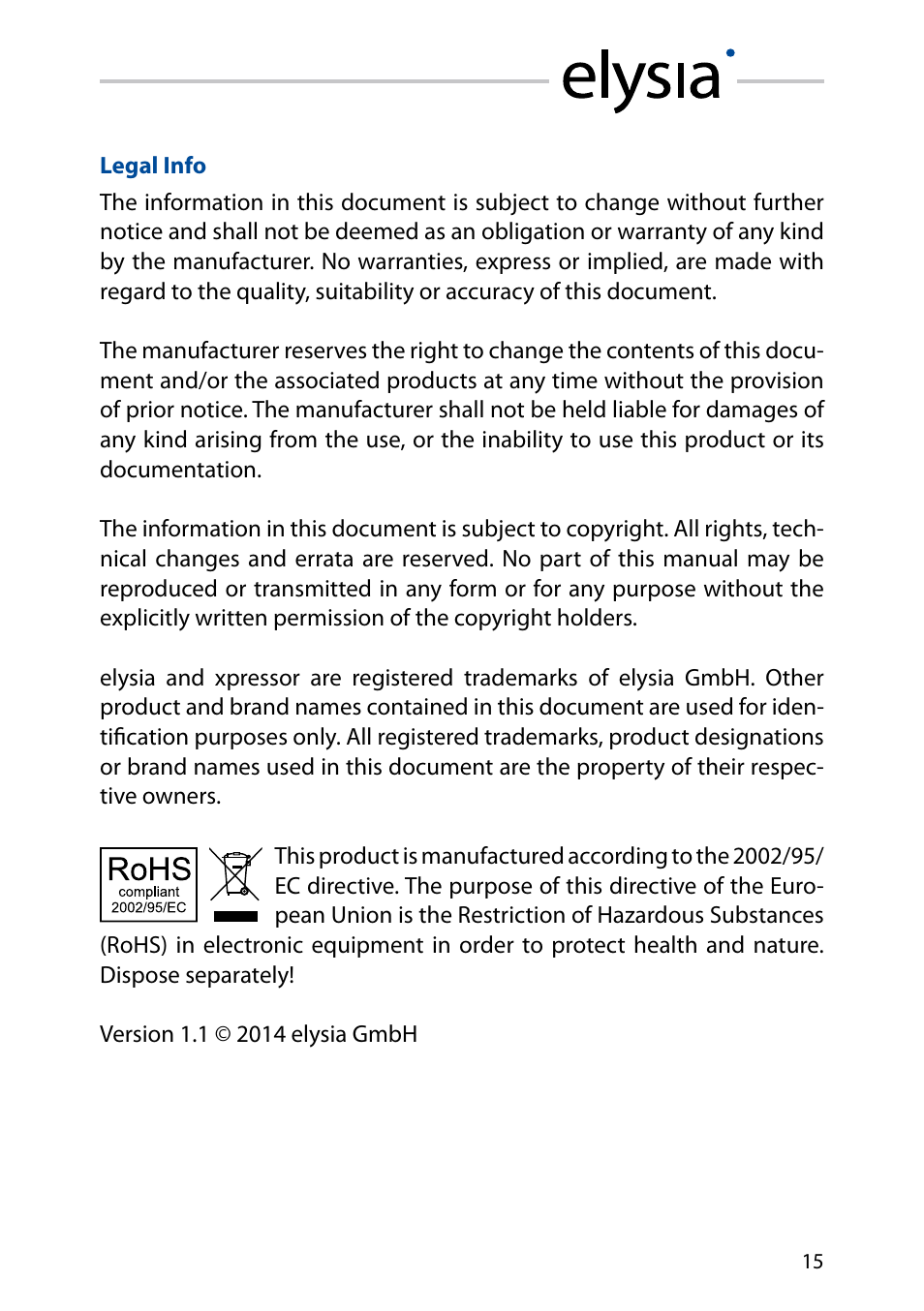 Legal info | elysia xpressor User Manual | Page 15 / 16