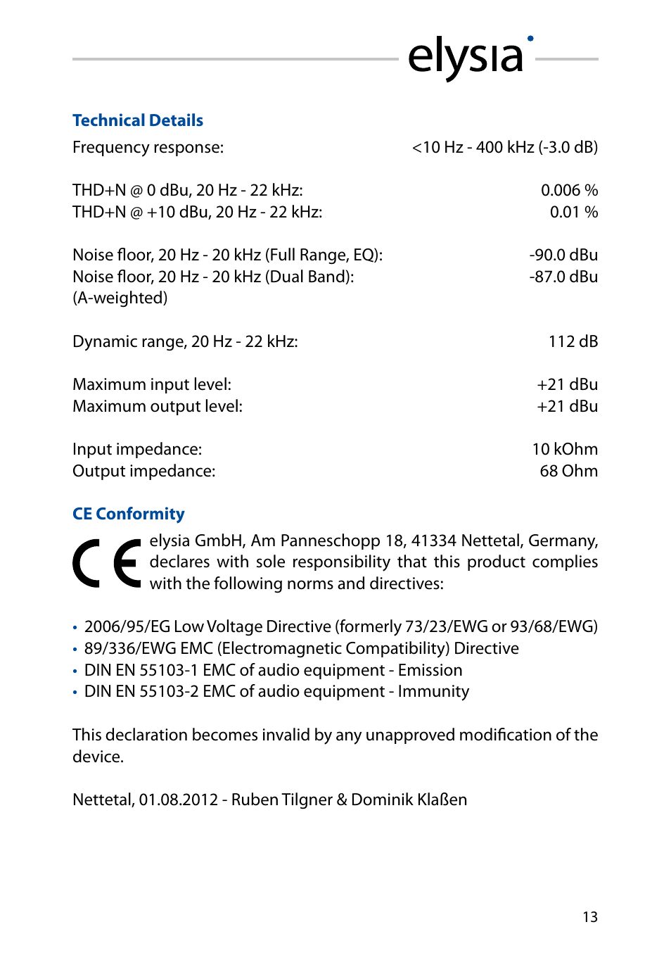 Technical details, Ce conformity | elysia nvelope User Manual | Page 13 / 16