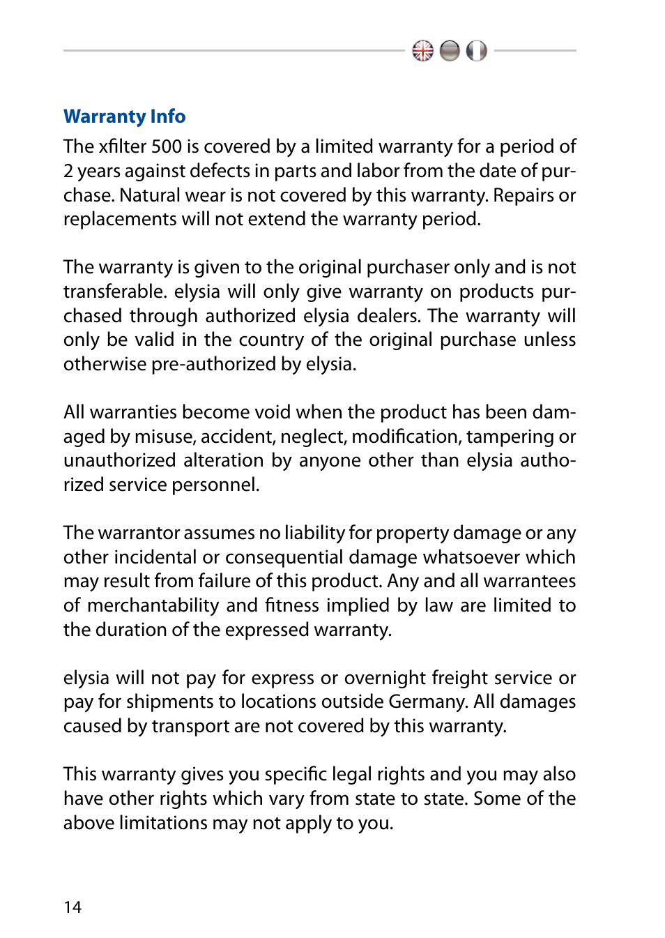 Warranty info | elysia xfilter 500 User Manual | Page 14 / 16
