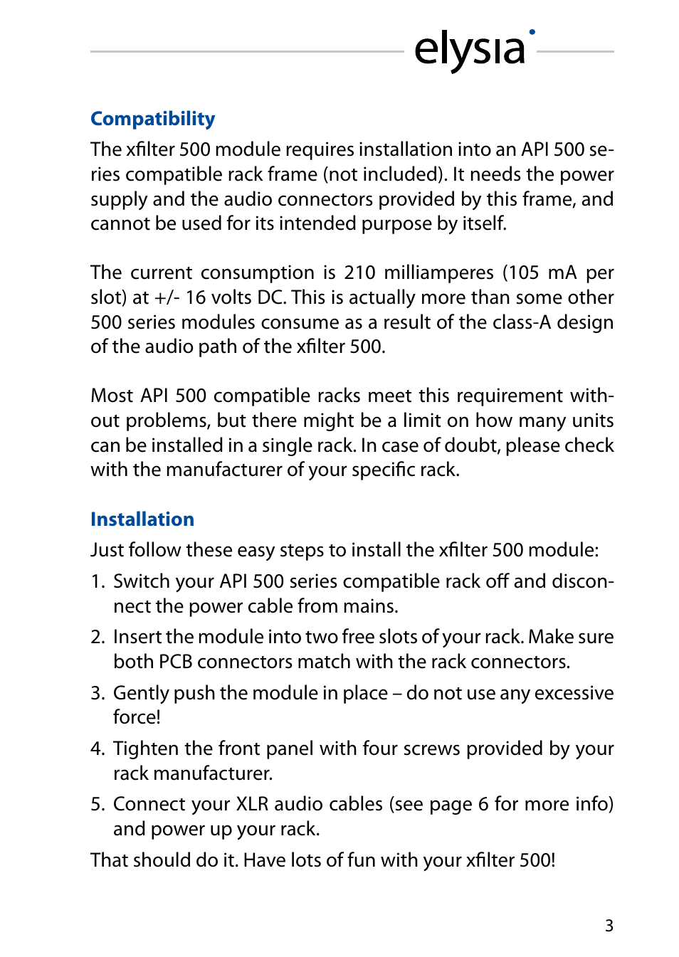 Compatibility, Installation | elysia xfilter 500 User Manual | Page 3 / 16