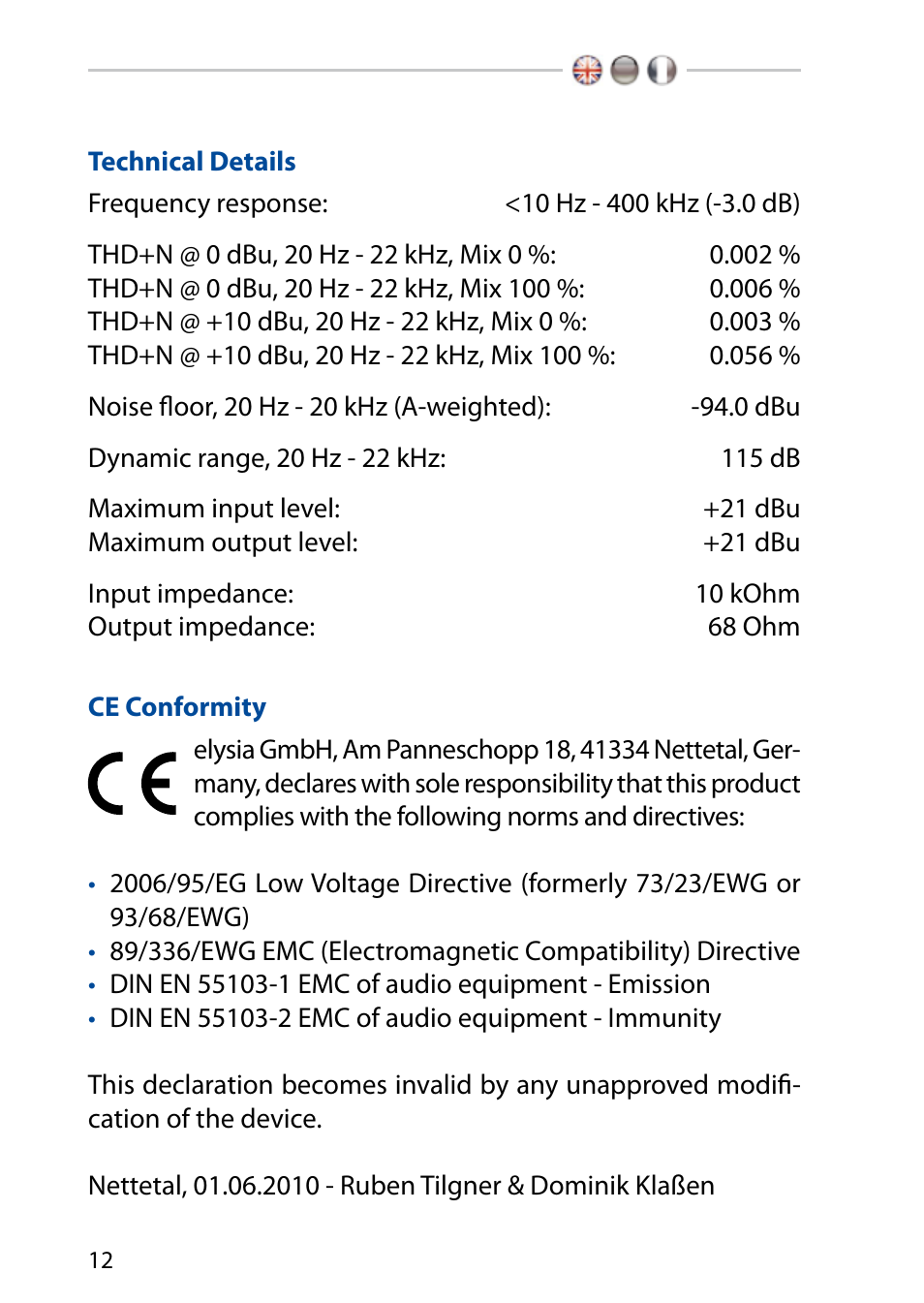 Technical details, Ce conformity | elysia xpressor 500 User Manual | Page 12 / 16