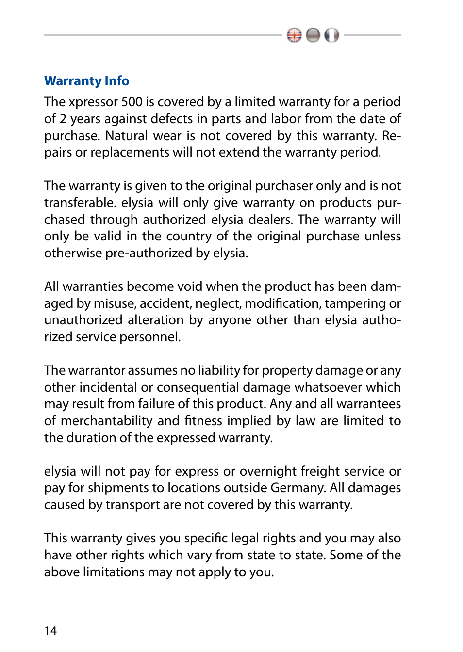 Warranty info | elysia xpressor 500 User Manual | Page 14 / 16