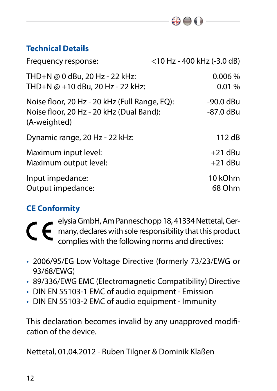 Technical details, Ce conformity | elysia nvelope 500 User Manual | Page 12 / 16