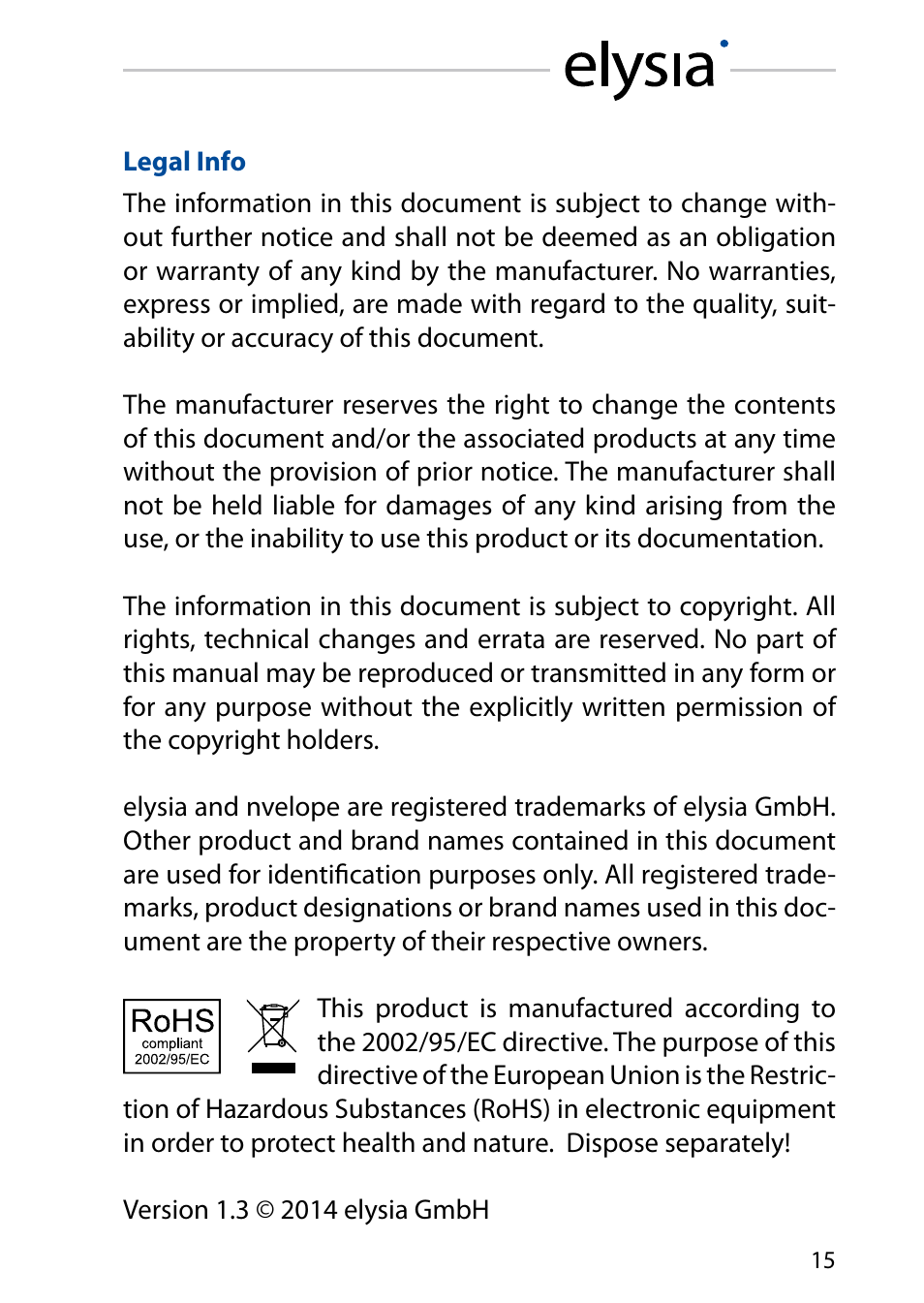 Legal info | elysia nvelope 500 User Manual | Page 15 / 16