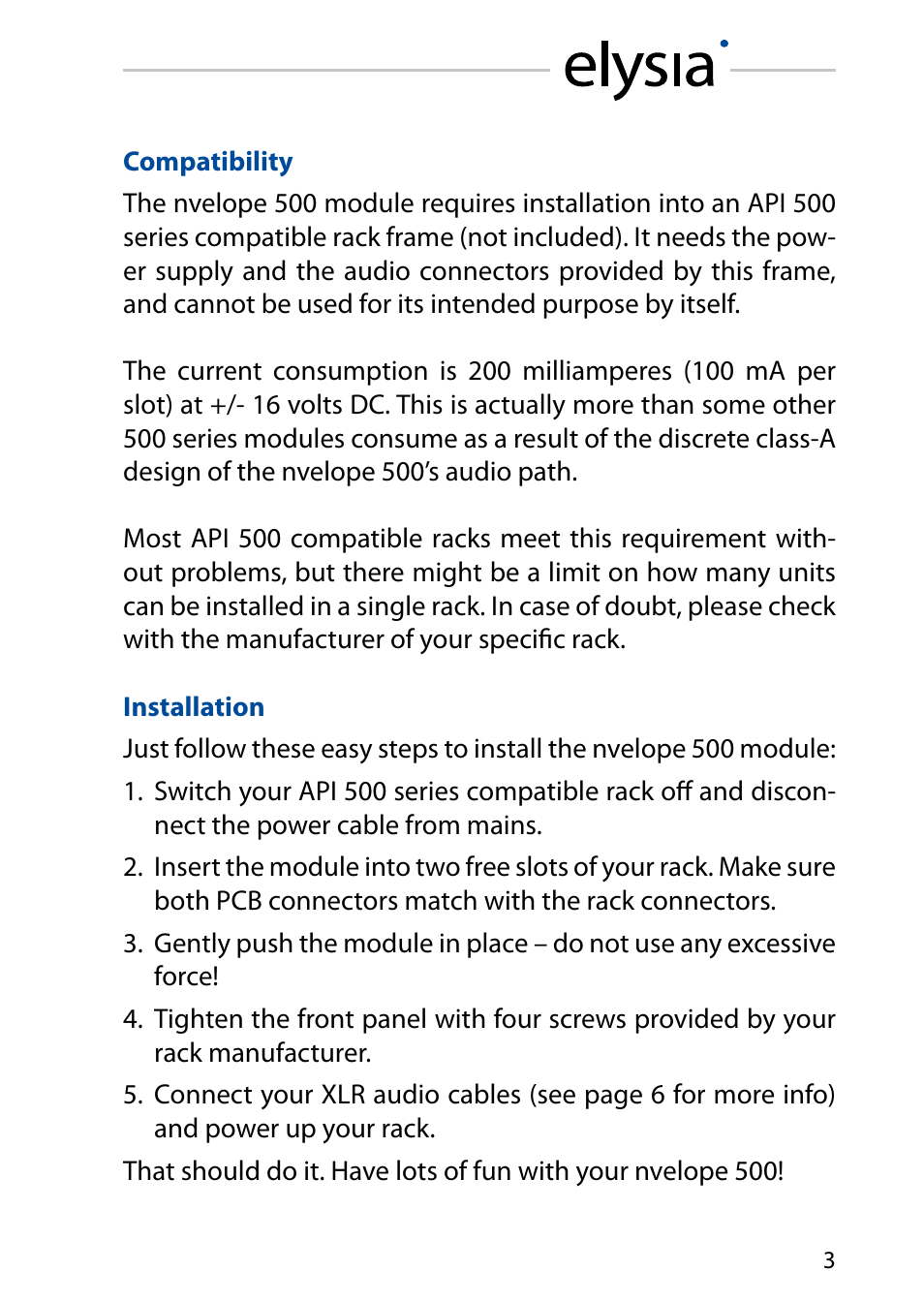 Compatibility, Installation | elysia nvelope 500 User Manual | Page 3 / 16