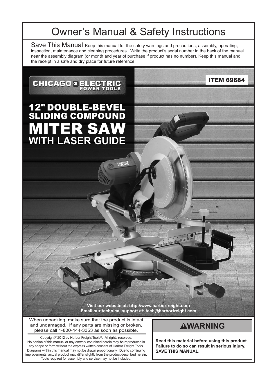 Chicago Electric Power Tools 12" DOUBLE-BEVEL SLIDING COMPOUND MITER SAW WITH LASER GUIDE 69684 User Manual | 20 pages