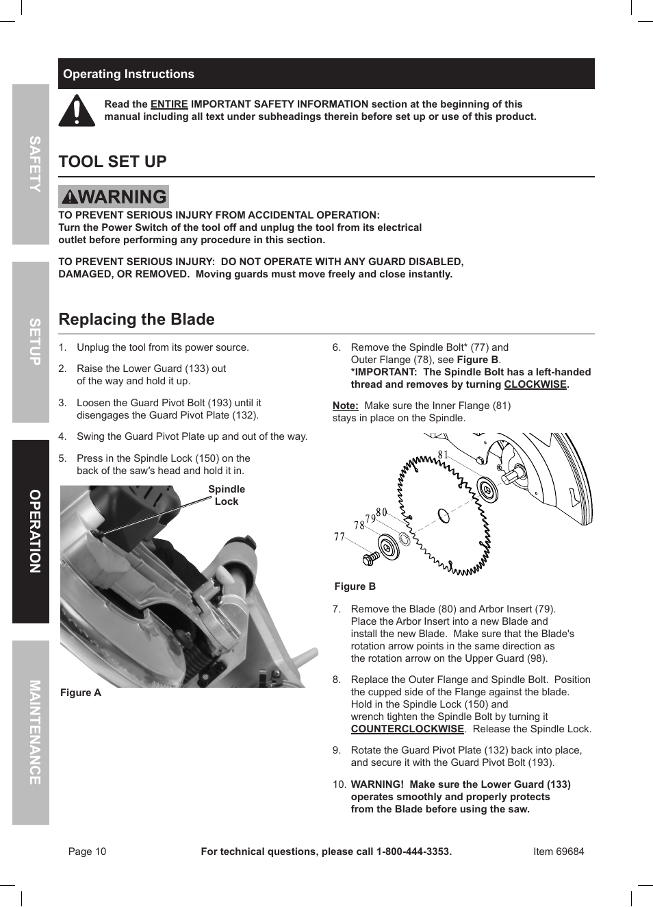 Tool set up, Replacing the blade, Safety opera tion maintenance setup | Chicago Electric Power Tools 12" DOUBLE-BEVEL SLIDING COMPOUND MITER SAW WITH LASER GUIDE 69684 User Manual | Page 10 / 20
