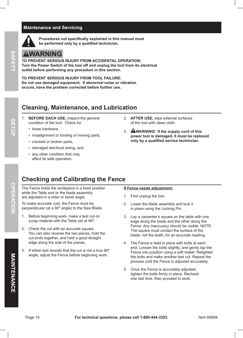 Cleaning, maintenance, and lubrication, Checking and calibrating the fence, Safety opera tion maintenance setup | Chicago Electric Power Tools 12" DOUBLE-BEVEL SLIDING COMPOUND MITER SAW WITH LASER GUIDE 69684 User Manual | Page 14 / 20