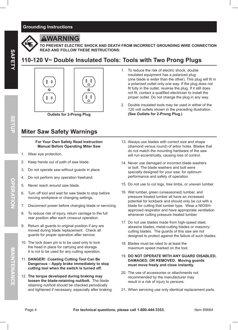 Miter saw safety warnings, Safety opera tion maintenance setup | Chicago Electric Power Tools 12" DOUBLE-BEVEL SLIDING COMPOUND MITER SAW WITH LASER GUIDE 69684 User Manual | Page 4 / 20