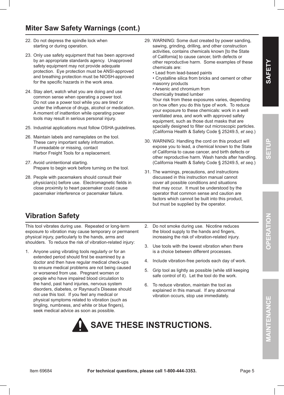 Save these instructions, Vibration safety, Miter saw safety warnings (cont.) | Safety opera tion maintenance setup | Chicago Electric Power Tools 12" DOUBLE-BEVEL SLIDING COMPOUND MITER SAW WITH LASER GUIDE 69684 User Manual | Page 5 / 20