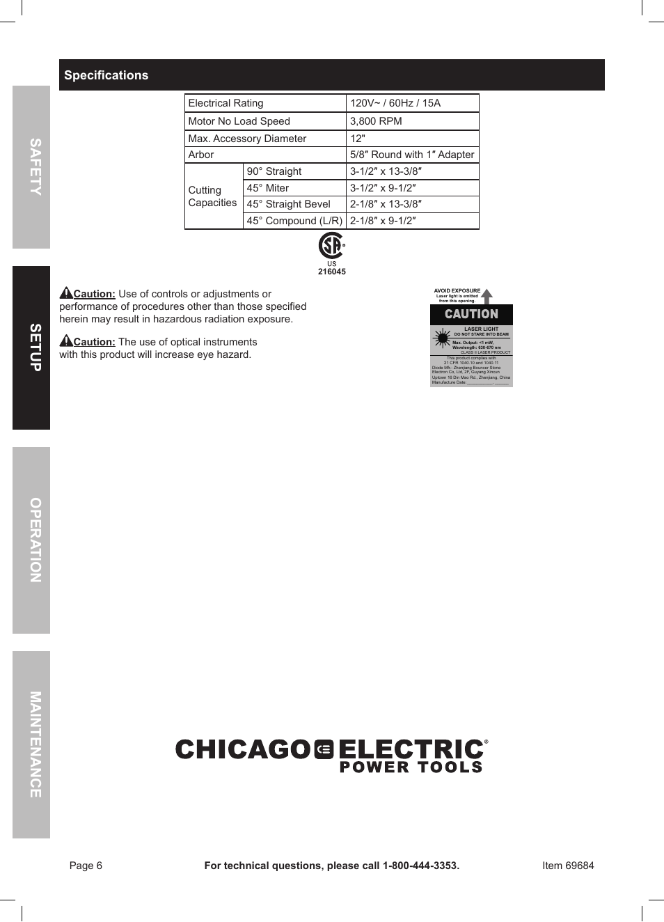 Safety opera tion maintenance setup, Specifications | Chicago Electric Power Tools 12" DOUBLE-BEVEL SLIDING COMPOUND MITER SAW WITH LASER GUIDE 69684 User Manual | Page 6 / 20